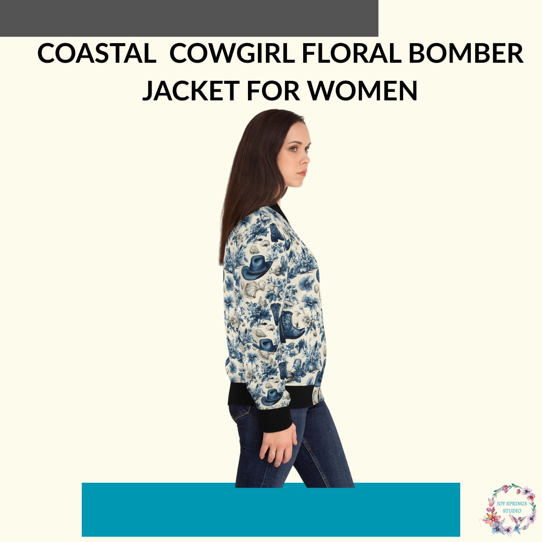 Blue Coastal Cowgirl Floral Print Fashionable Bomber Jacket For Women - Stylish And Chic Outwear For All Seasons