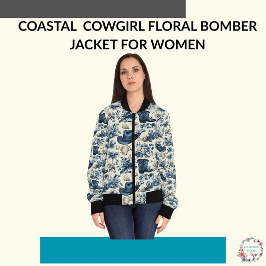 Blue Coastal Cowgirl Floral Print Fashionable Bomber Jacket For Women - Stylish And Chic Outwear For All Seasons