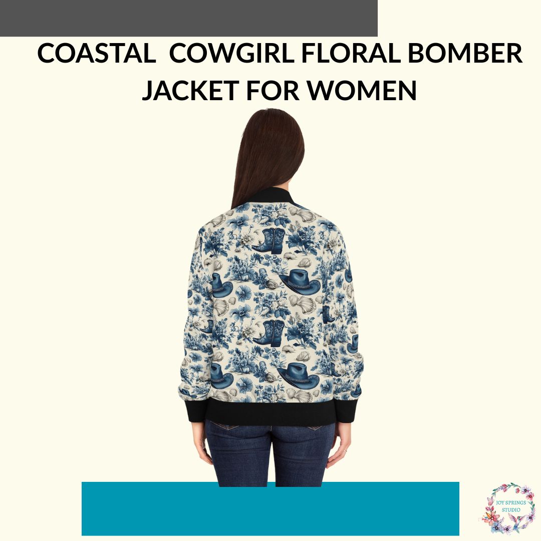 Blue Coastal Cowgirl Floral Print Fashionable Bomber Jacket For Women - Stylish And Chic Outwear For All Seasons