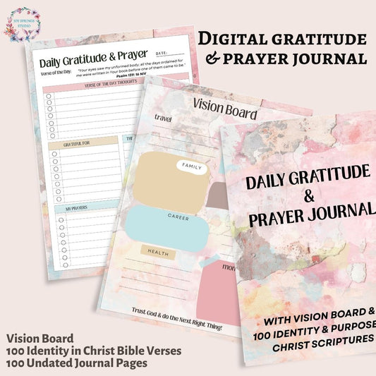 Daily Gratitude and Prayer Journal With Christian Vision Board and Identity in Christ Scriptures Digital Download