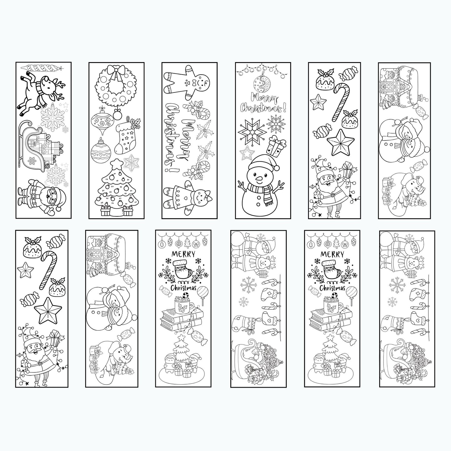 Set of 12 Christmas Printable Colorable Bookmarks For Kids