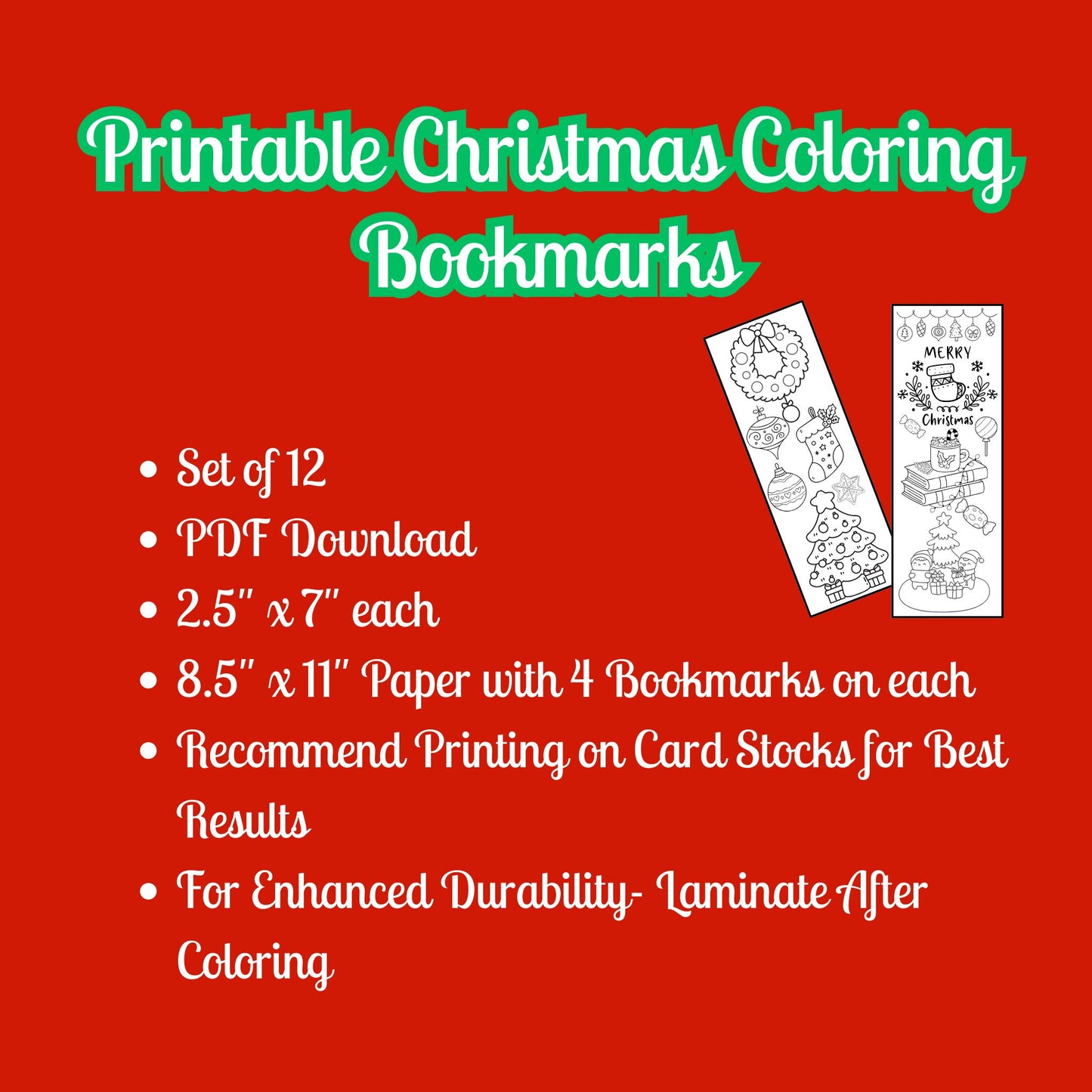 Set of 12 Christmas Printable Colorable Bookmarks For Kids
