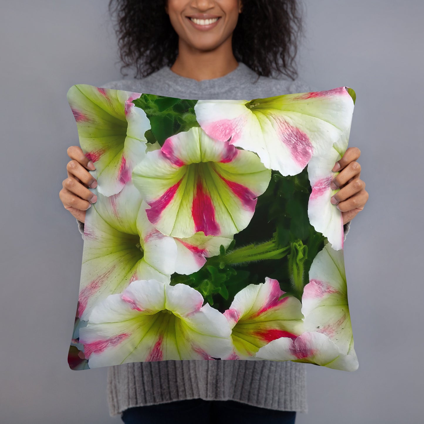 White Petunias With Pink Stripes Basic Floral Throw Pillow