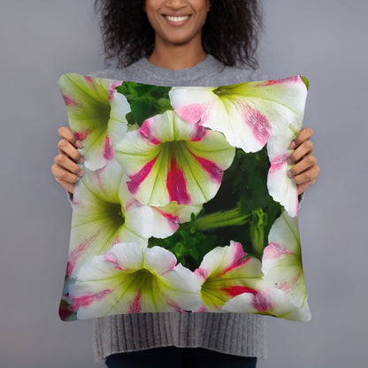 White Petunias With Pink Stripes Basic Floral Throw Pillow
