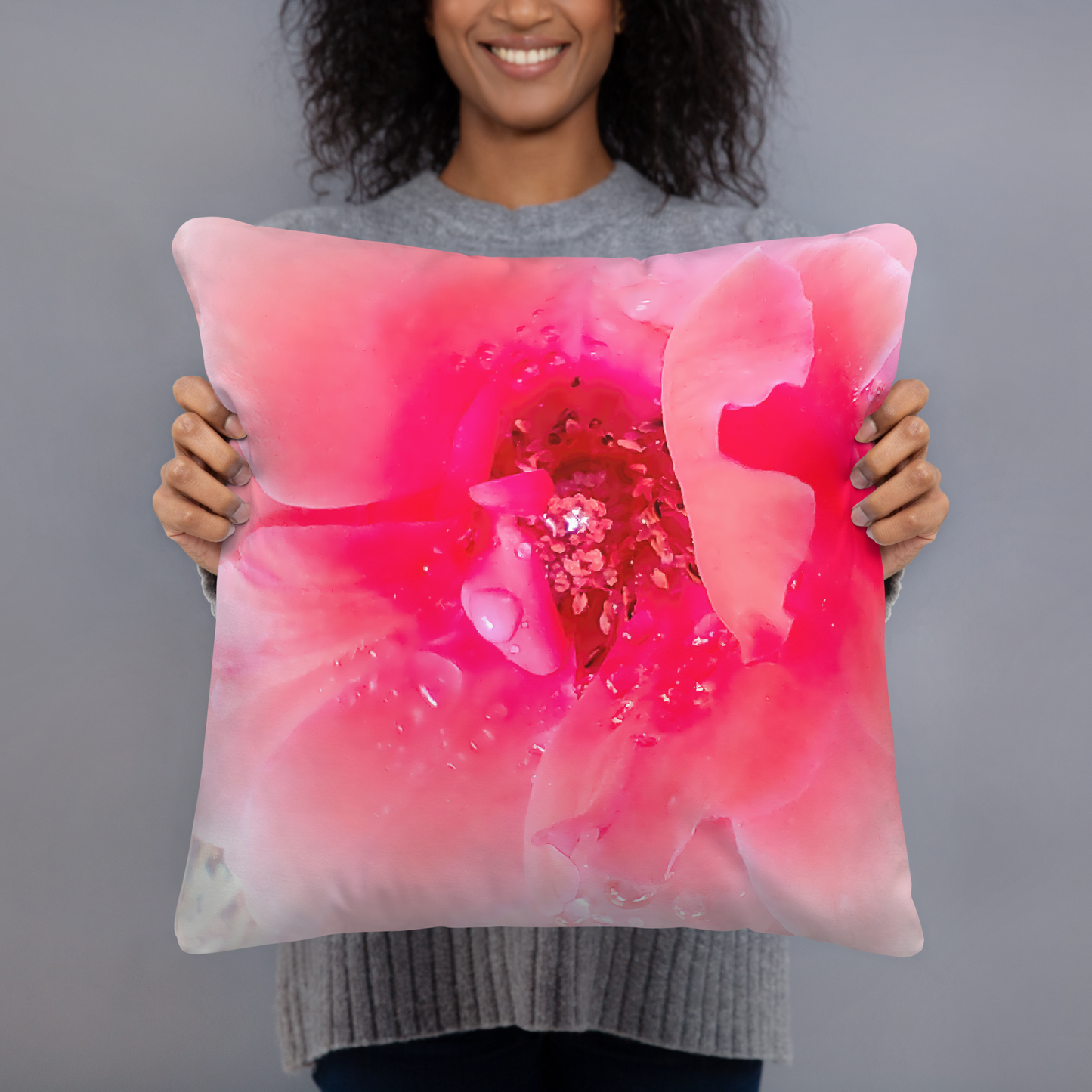Raindrops on Coral Pink Roses Floral Throw Pillow