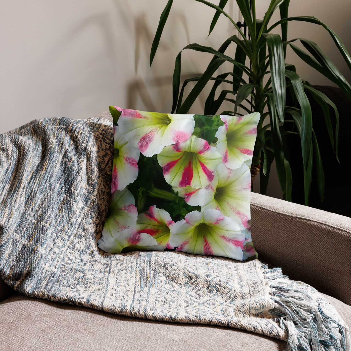 White Petunias With Pink Stripes Basic Floral Throw Pillow