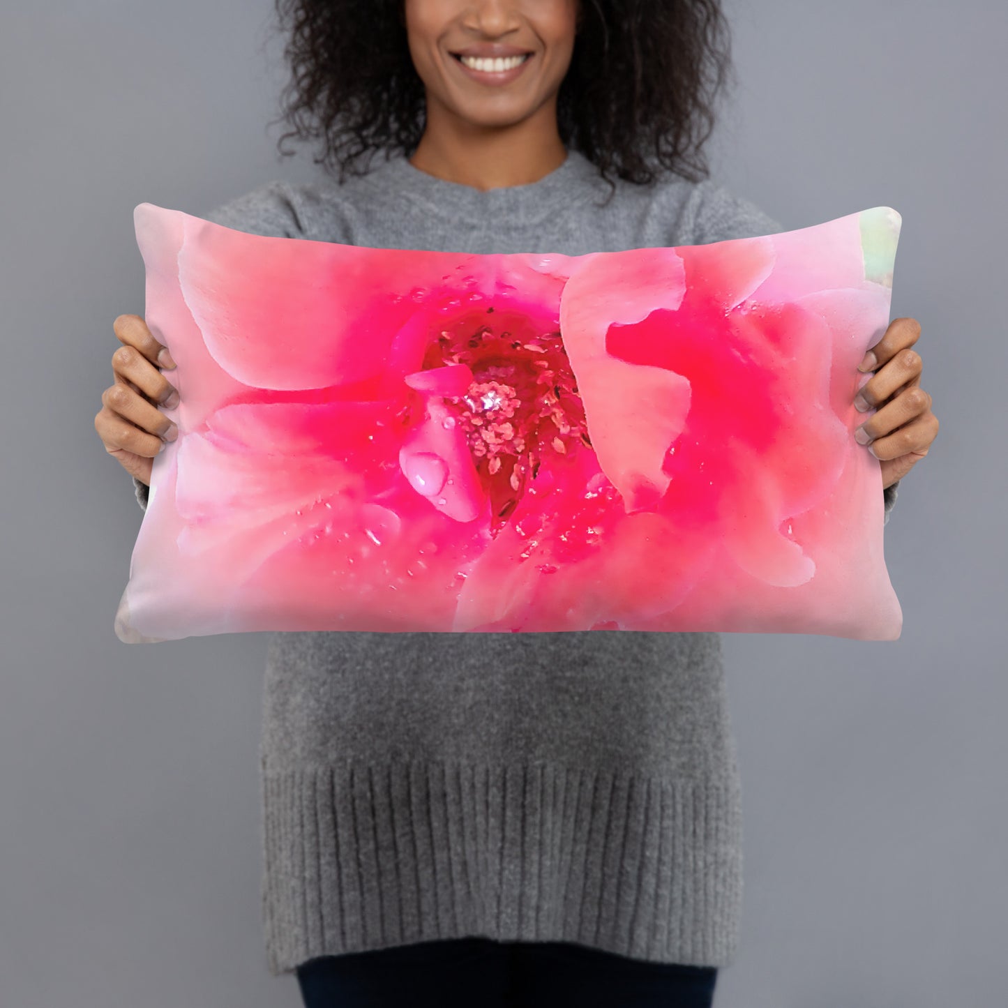 Raindrops on Coral Pink Roses Floral Throw Pillow