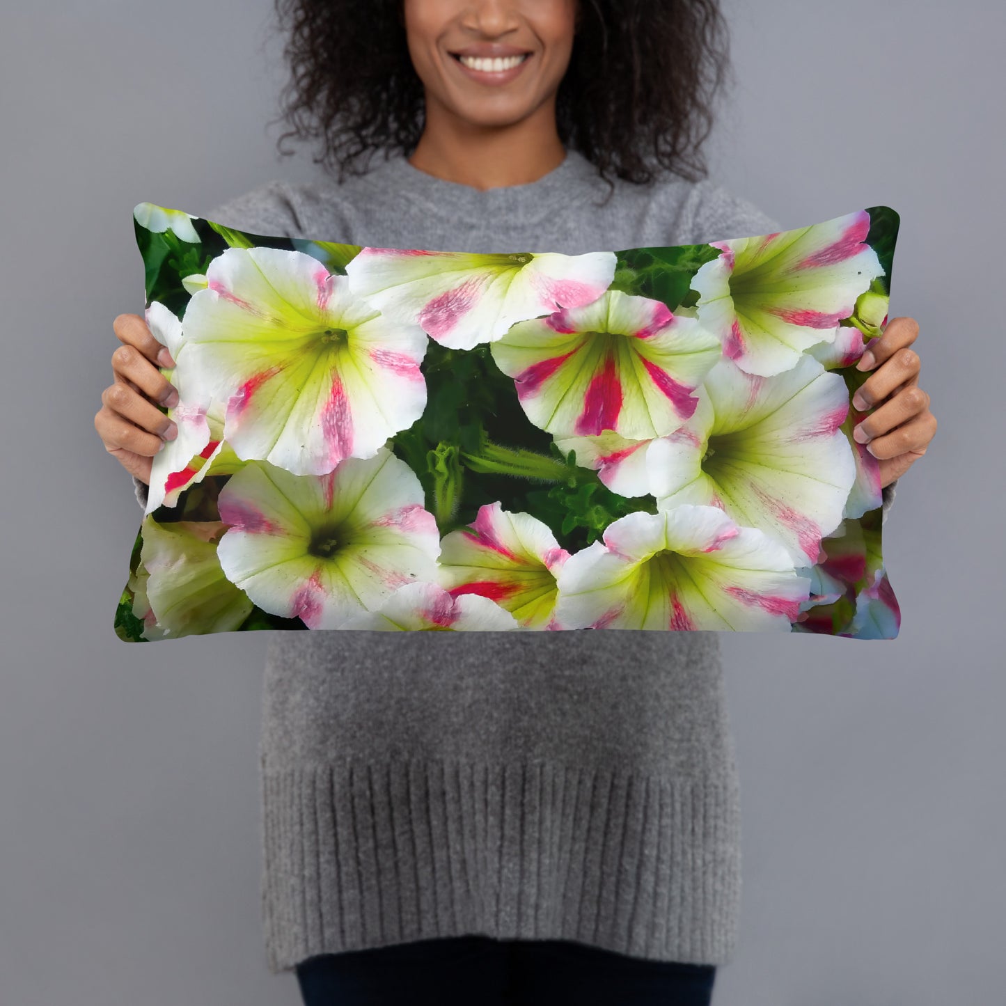 White Petunias With Pink Stripes Basic Floral Throw Pillow