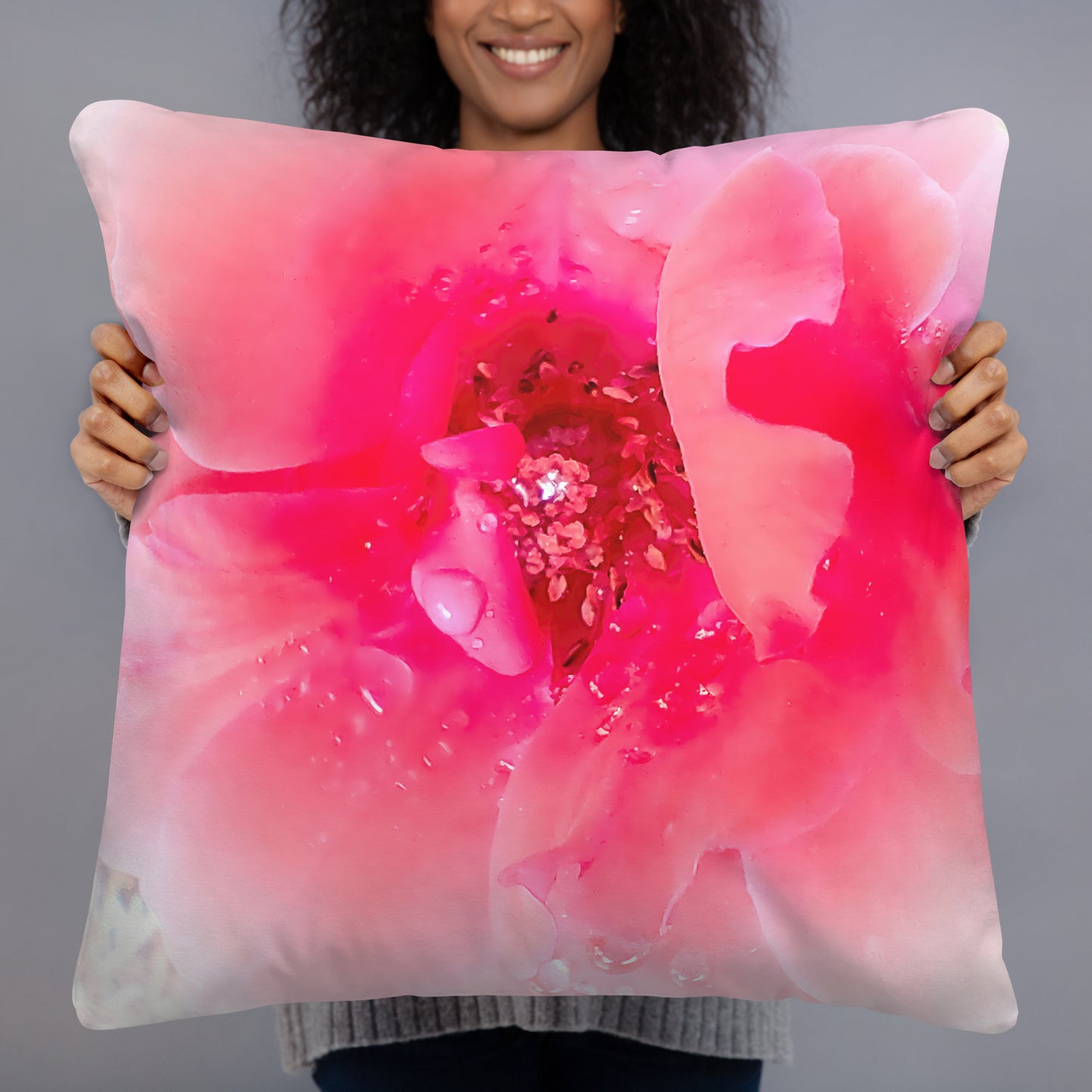 Raindrops on Coral Pink Roses Floral Throw Pillow