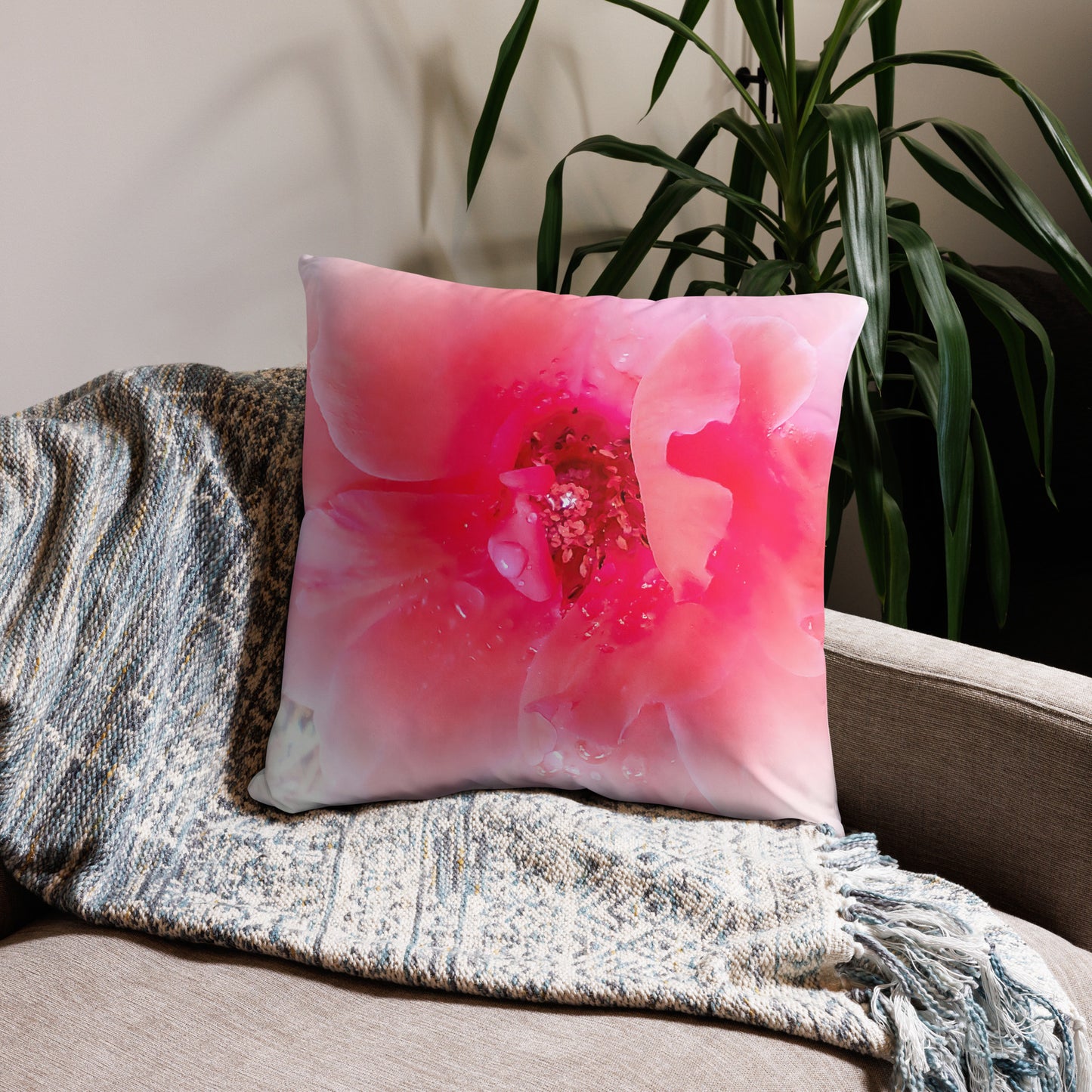 Raindrops on Coral Pink Roses Floral Throw Pillow