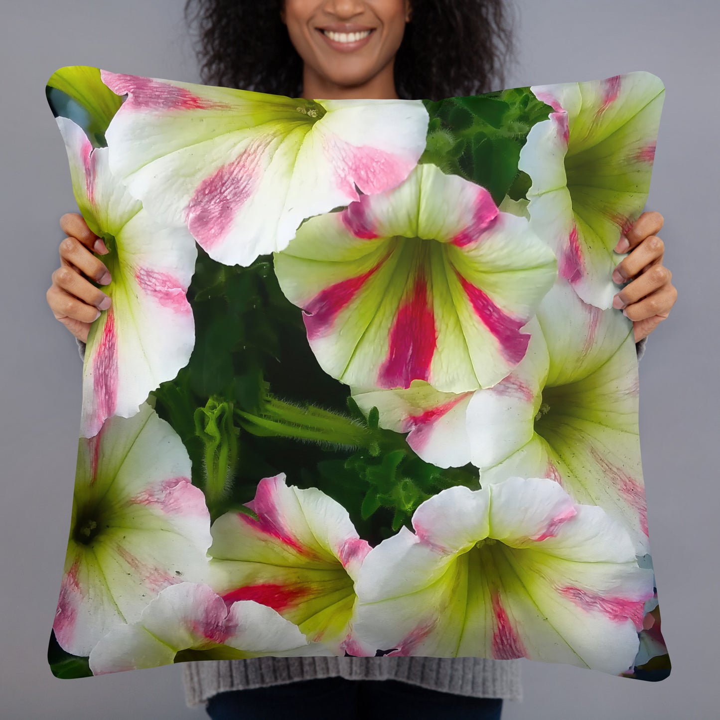 White Petunias With Pink Stripes Basic Floral Throw Pillow