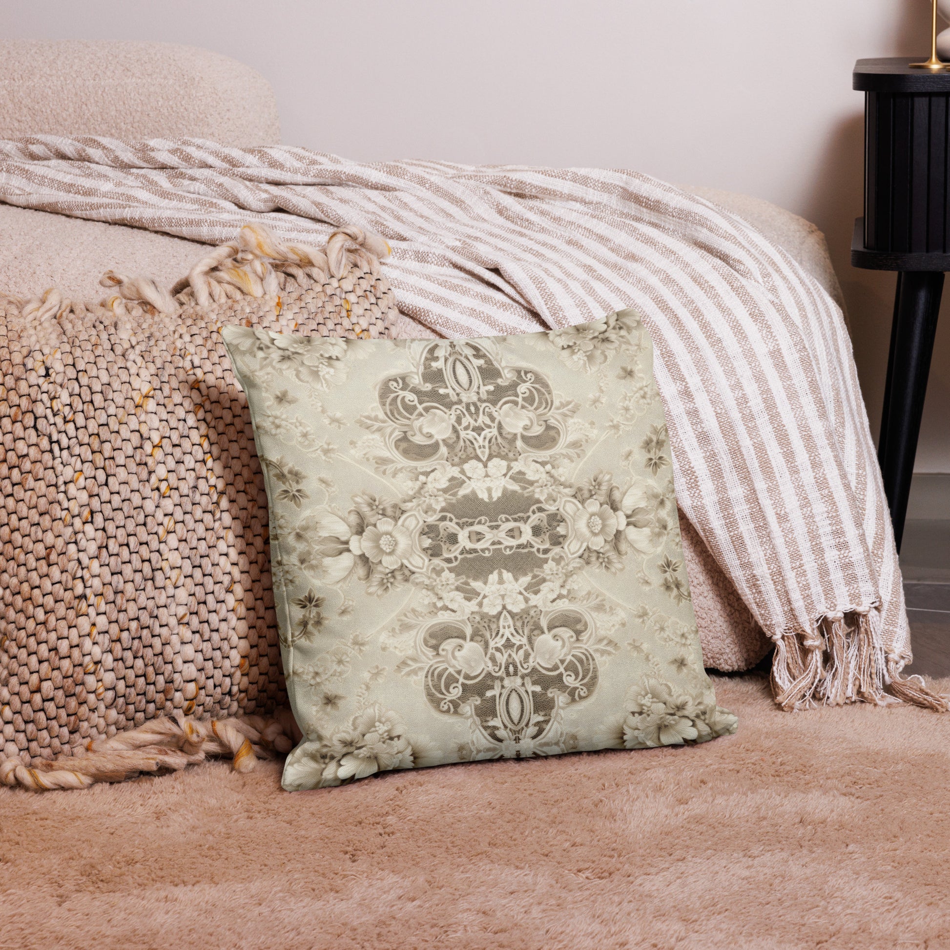 Neutral Colored Throw Pillows With Lace Design Romantic Room