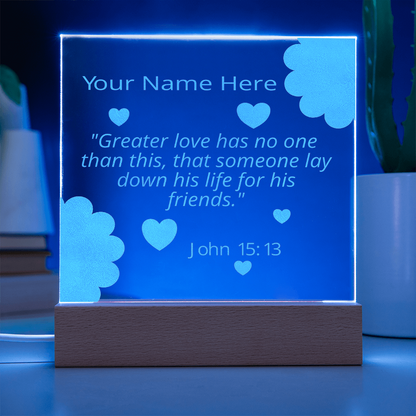John 15: 13 Gift Greater Love Has No One Than This Personalized Custom Name Colorful Acrylic Transparent Photo Frame with LED Light