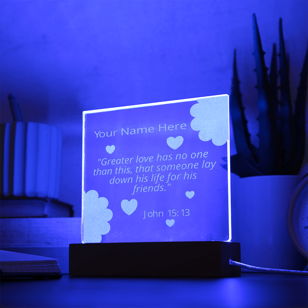 John 15: 13 Gift Greater Love Has No One Than This Personalized Custom Name Colorful Acrylic Transparent Photo Frame with LED Light