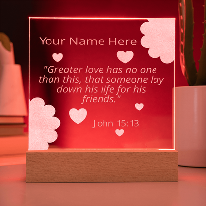 John 15: 13 Gift Greater Love Has No One Than This Personalized Custom Name Colorful Acrylic Transparent Photo Frame with LED Light