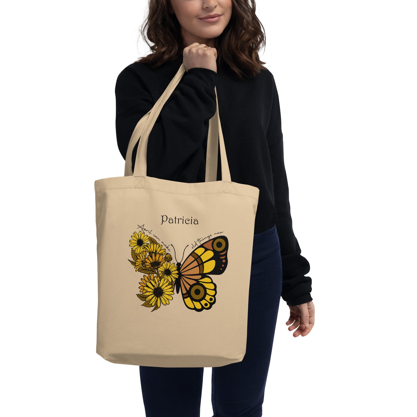 Personalized Name and Birth Month Flowering Butterfly Organic Cotton Tote Bag
