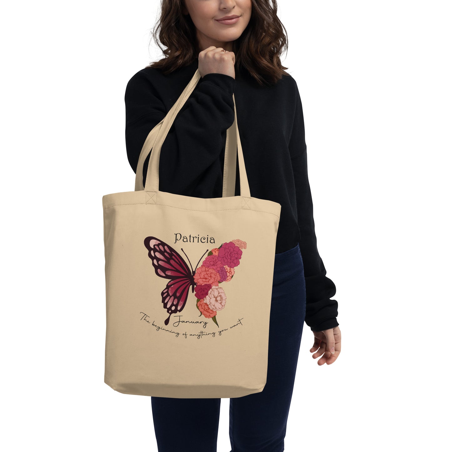Personalized Name and Birth Month Flowering Butterfly Organic Cotton Tote Bag