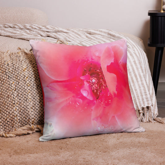 Raindrops on Coral Pink Roses Floral Throw Pillow