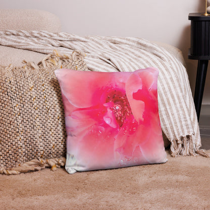 Raindrops on Coral Pink Roses Floral Throw Pillow