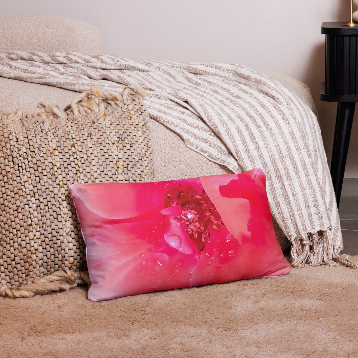 Raindrops on Coral Pink Roses Floral Throw Pillow