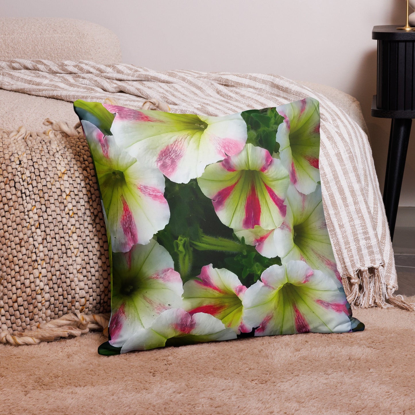 White Petunias With Pink Stripes Basic Floral Throw Pillow