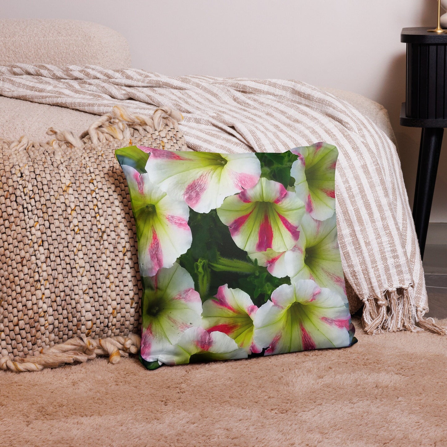 White Petunias With Pink Stripes Basic Floral Throw Pillow