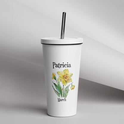 Personalized Name and Birth Month Flower Insulated Tumbler With Straw