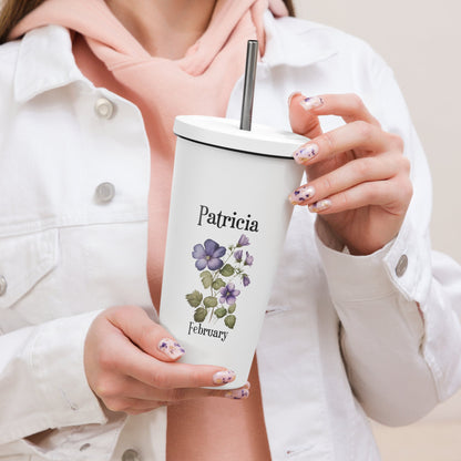 Personalized Name and Birth Month Flower Insulated Tumbler With Straw