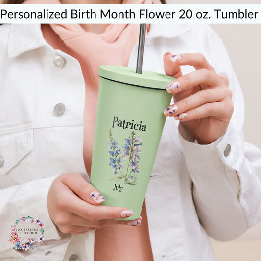 Personalized Name and Birth Month Flower Insulated Tumbler With Straw