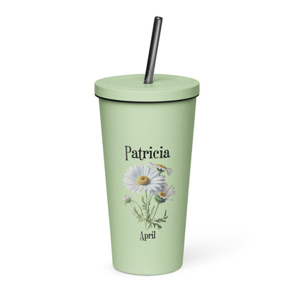 Personalized Name and Birth Month Flower Insulated Tumbler With Straw