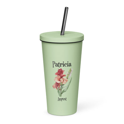 Personalized Name and Birth Month Flower Insulated Tumbler With Straw