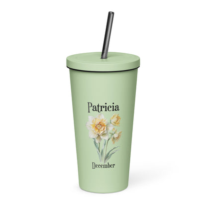 Personalized Name and Birth Month Flower Insulated Tumbler With Straw