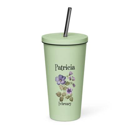 Personalized Name and Birth Month Flower Insulated Tumbler With Straw