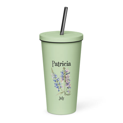 Personalized Name and Birth Month Flower Insulated Tumbler With Straw