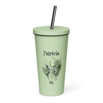 Personalized Name and Birth Month Flower Insulated Tumbler With Straw