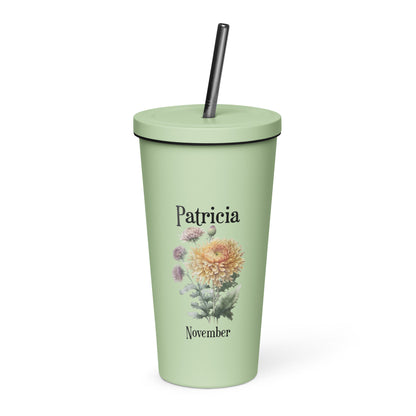 Personalized Name and Birth Month Flower Insulated Tumbler With Straw