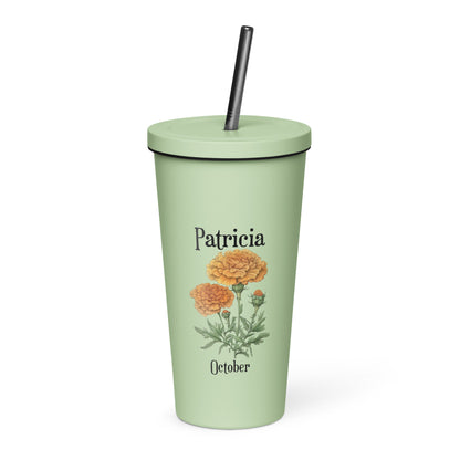 Personalized Name and Birth Month Flower Insulated Tumbler With Straw