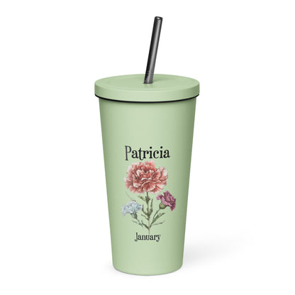 Personalized Name and Birth Month Flower Insulated Tumbler With Straw