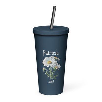 Personalized Name and Birth Month Flower Insulated Tumbler With Straw