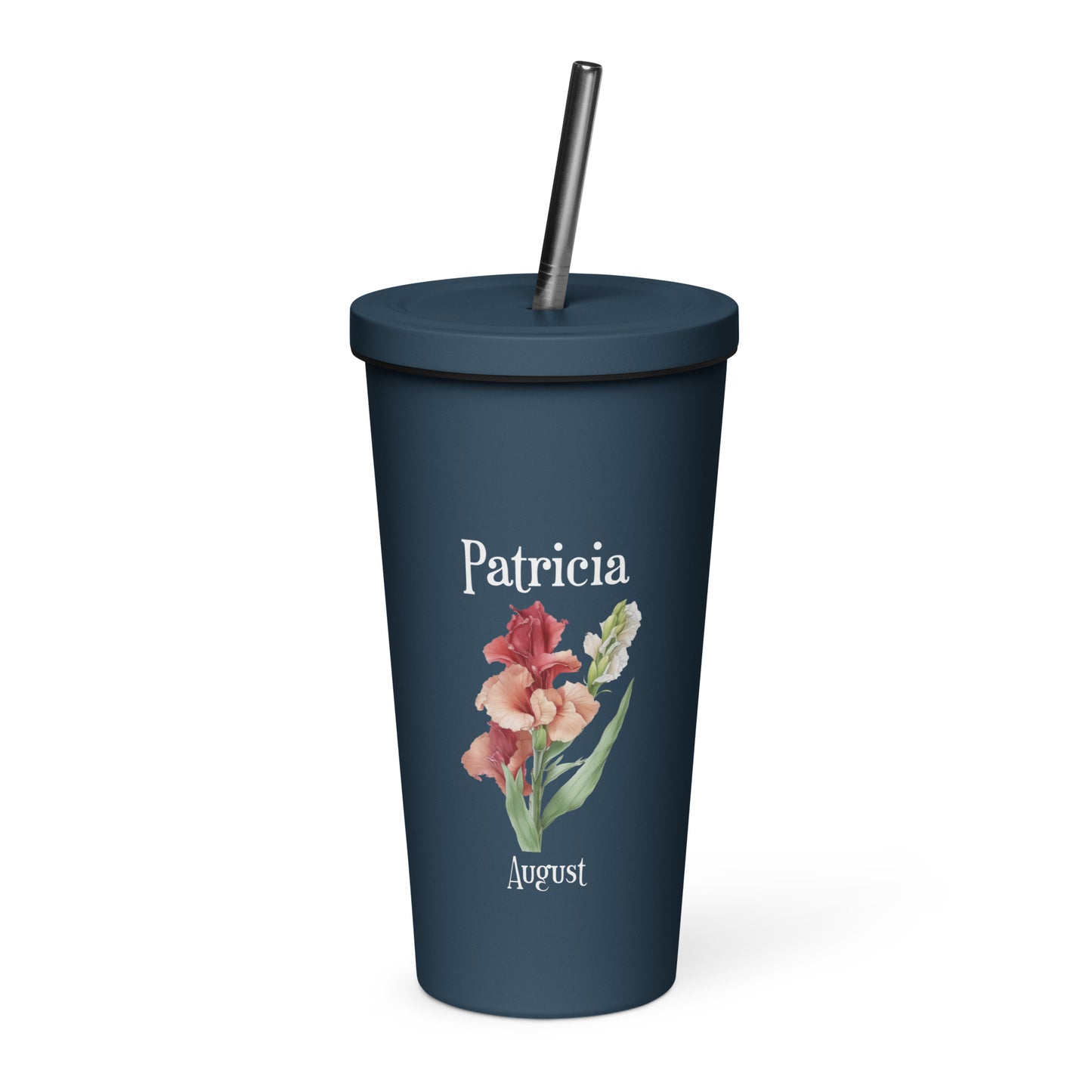 Personalized Name and Birth Month Flower Insulated Tumbler With Straw