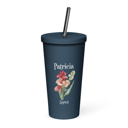 Personalized Name and Birth Month Flower Insulated Tumbler With Straw