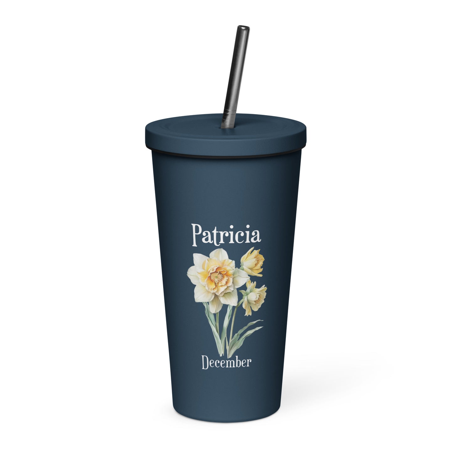 Personalized Name and Birth Month Flower Insulated Tumbler With Straw