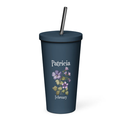 Personalized Name and Birth Month Flower Insulated Tumbler With Straw