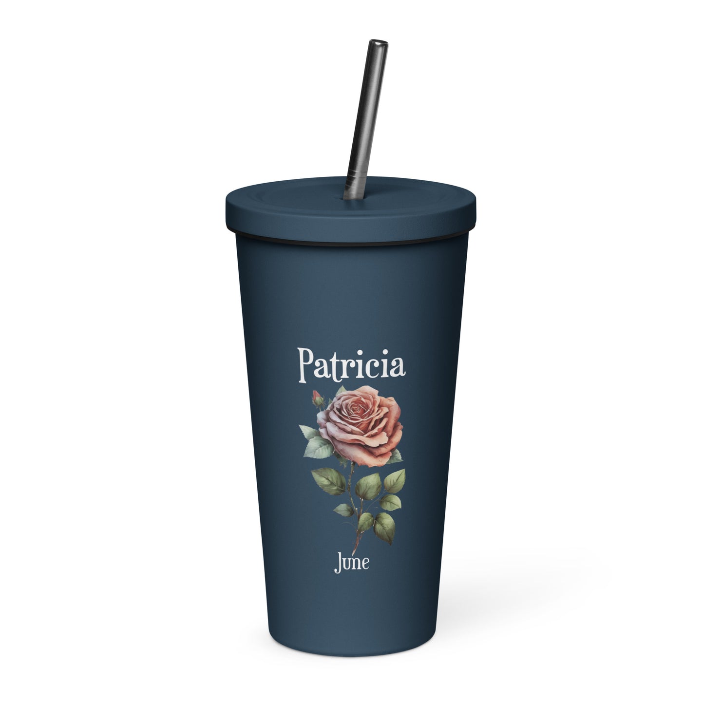 Personalized Name and Birth Month Flower Insulated Tumbler With Straw
