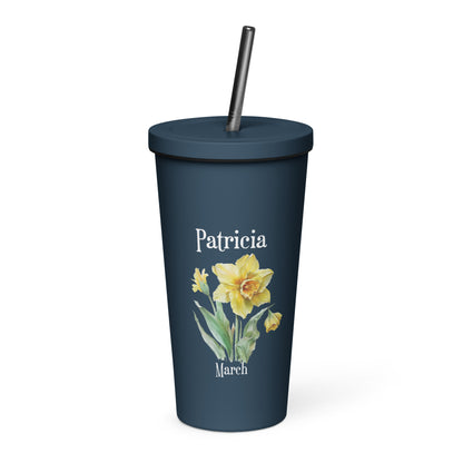 Personalized Name and Birth Month Flower Insulated Tumbler With Straw