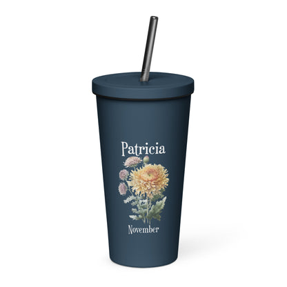 Personalized Name and Birth Month Flower Insulated Tumbler With Straw