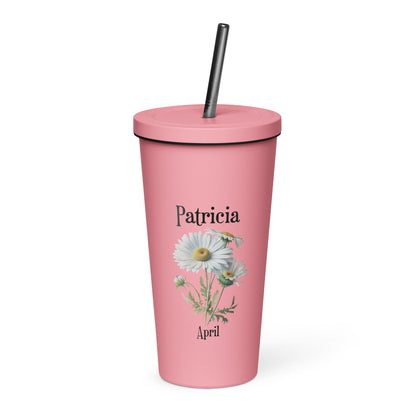Personalized Name and Birth Month Flower Insulated Tumbler With Straw