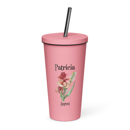 Personalized Name and Birth Month Flower Insulated Tumbler With Straw