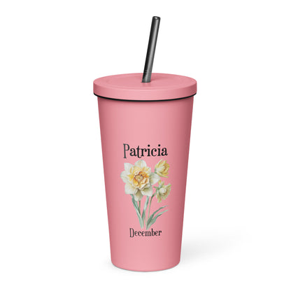 Personalized Name and Birth Month Flower Insulated Tumbler With Straw