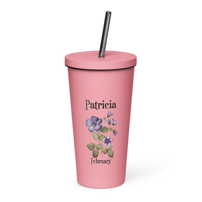 Personalized Name and Birth Month Flower Insulated Tumbler With Straw